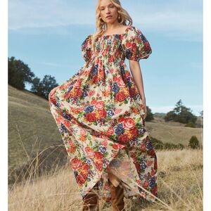 EDDY XL aurora floral maxi smocked dress with zip up back and puff sleeves